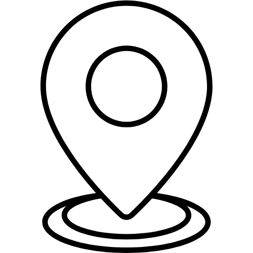 Black line art icon of a map pin marker indicating a geographical location.
