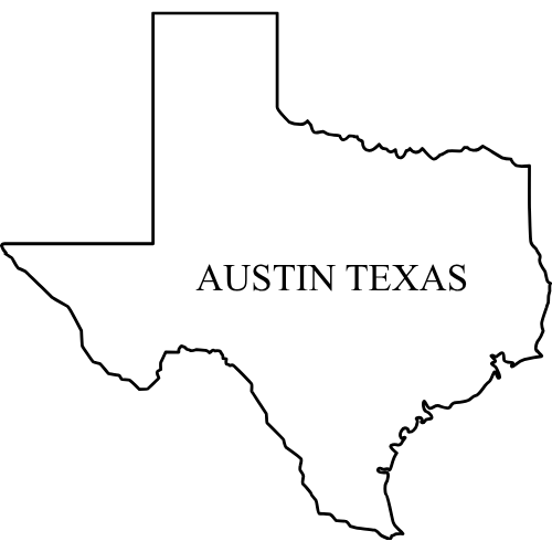 Black outline map of the state of Texas with Austin Texas printed in the center.