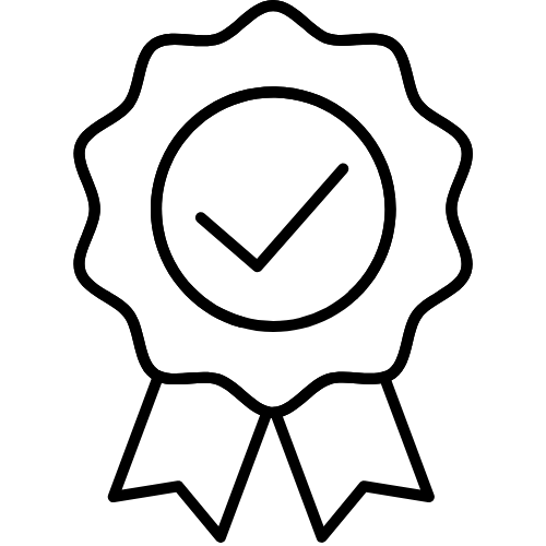 Black outline ribbon badge icon with a checkmark inside a scalloped seal.