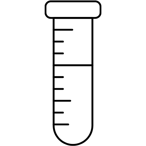 Black line art icon of a graduated test tube containing liquid for pool water chemical testing.