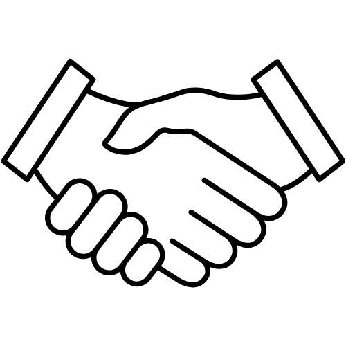 Black and white line art icon of two hands shaking in agreement.