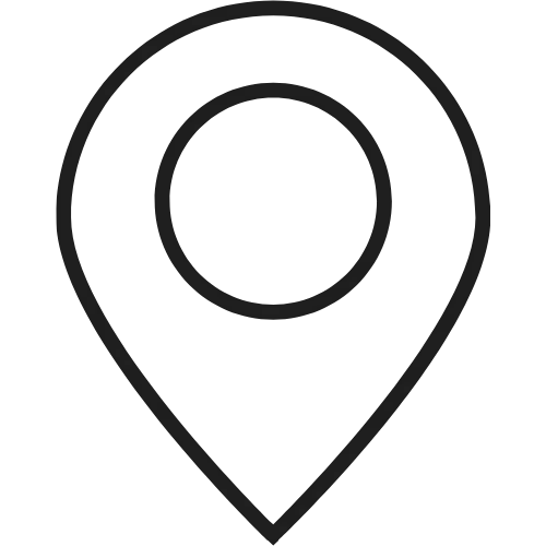 Black outline map pin icon with an inner circle indicating location.