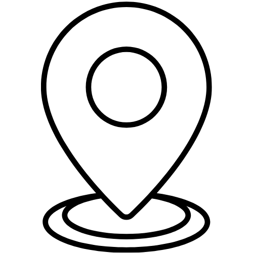 Black outline map location pin icon resting on a circular base line representing local service area.