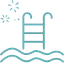 Teal line art icon of a swimming pool ladder with water waves and sparkle accents.
