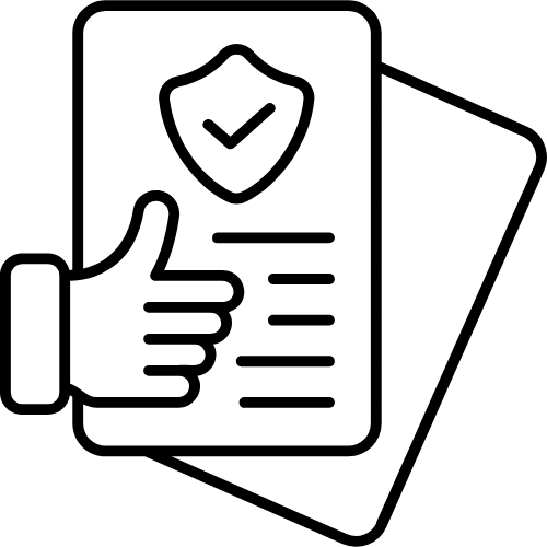Black line icon of a document with a checkmark shield emblem and a thumbs-up gesture.