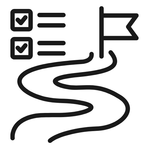 Black line icon featuring a winding path leading to a destination flag with a checklist and checkmarks.