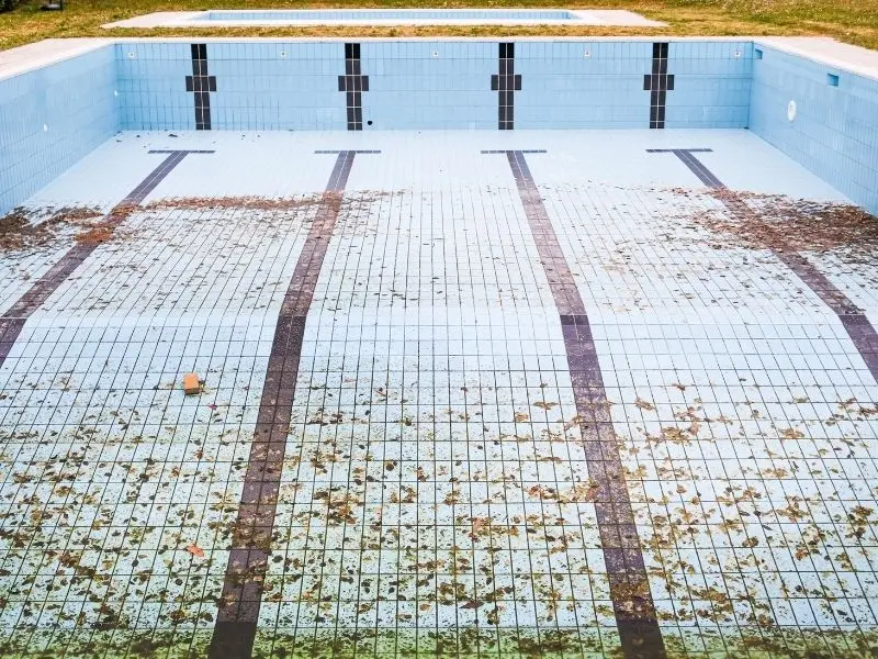 empty-drained-swimming-pool-austin-tx-dirty-tiles-leaves